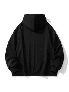 加大码黑色连帽休闲卫衣，适合秋冬季节穿着，长袖上衣 - 黑色 - 查看 6