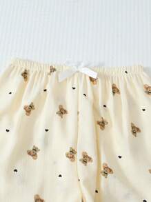 2 件女士秋冬泰迪熊心形印花睡衣套装，长袖纽扣领上衣和裤子，休闲睡衣家居服，秋季服装