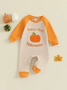 Mono informal de Halloween para bebé, con bordado de letras de calabaza, manga larga, cuello redondo y largo completo - Naranja - Ver 6
