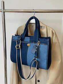 Túi xách tay đôi thời trang, cổ điển, giản dị với phối màu tương phản, dung tích lớn, hình vuông, nhẹ và dễ mang, có thể đeo bên hông, kiểu túi vải bố dành cho sinh viên, thiết kế phối màu tương phản, vải mài bạc, túi đeo vai phong cách đường phố, túi tote, thích hợp cho du lịch, mua sắm, đi làm, hoạt động ngoài trời và sử dụng trong khuôn viên trường. - Màu xanh lam - Xem 2