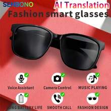 SENBONO AI Translation Smart Glasses With 100+ Languages, Wireless Calls, Music Control, Voice Assistant, Rechargeable, Black Frame, Ideal For Travel & Office Use, Realtime Language Converter | Sleek Eyewear Design | Highquality Audio - Black - View 2