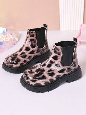 1 Paar klassische Kinderstiefel, Herbst/Winter neue modische Leoparden-Muster Lederstiefel für Mädchen, Laufsteg-Schornstein-Kurzstiefel, geeignet für Outdoor-Urlaube, Gummibanddesign-Stil