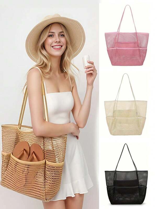 Mesh Beach Tote Bag With Multiple Pockets, Travel & Swimming Pool Waterproof Clothes Storage Bag
