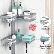 KEGII Corner Shower Caddy Tension Pole - Shower Tension Rod Organizer, Floor To Ceiling Shower Caddy 25-1142 Inch, Towel Rack Corner Waterproof, Black - Light Gray - View 3