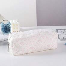 1pc Minimalist Pink Ditsy Floral Pencil Case, Student Stationery Organizer Bag, Blue Cosmetic Pouch,Back To School