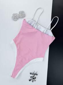 Women's Pink & White Spaghetti Strap Fitted One-Piece Swimsuit, Summer Fashion - Pink - View 4