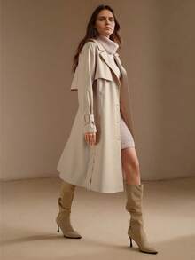 Casaco trench coat longo e simples feminino Risissida para primavera e outono, com cinto e bolsos, adequado para qualquer ocasião. - Bege - Ver 4