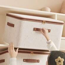 1pc Foldable Storage Box, Bedroom Storage Box With Zipper Cover, Cotton Linen Fabric With Cover Storage Basket Box, Foldable & Washable, Wardrobe Shelf Clothes Storage Container With Handle