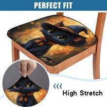 1/4/6/40 Stücke Halloween-Thema Kleine Katze im Hexenkostüm bedruckte abnehmbare Vollbezug Stretch Milchfaser Stoffstuhlbezüge, Restaurantstuhlbezüge - Quadratische Sitzkissen Bezüge für Restaurant, Küche, Esszimmer, Hotel Sitzbezüge, abnehmbare weiche Kissen Stuhlbezüge