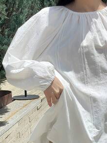 优雅圆领白色宽松长袖女式上衣，飘逸廓形，主教袖，休闲宽松衬衫，全新街头通勤风格，秋季必备 - 白色 - 查看 7