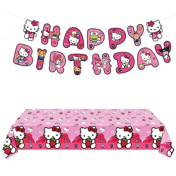 Sanrio Ensemble de nappe avec drapeau thème rose Sanrio autorisé - Parfait pour les décorations de fête d'anniversaire rose, les décorations de rassemblement familial, le set de drapeaux pour les fêtes d'anniversaire en intérieur et en extérieur