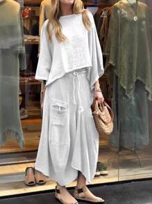 Women's Two Piece Oversized Bat Sleeve Long Sleeve Pullover Casual Irregular Maxi Dress Suit With Pockets - 白色 - 查看 1