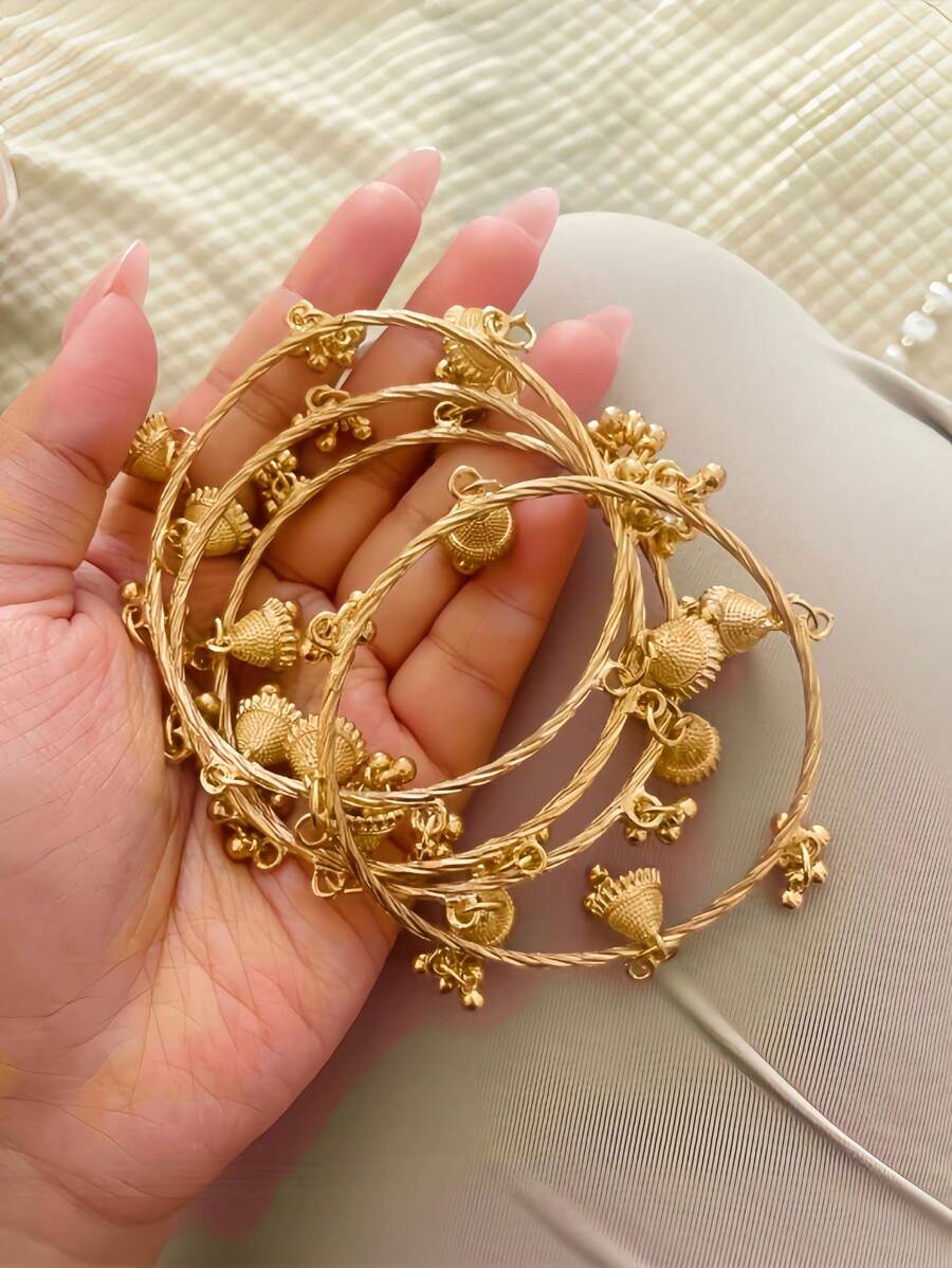 2 件女士 CCB 珠子和合金铃铛手链，适合日常佩戴 - 金色 - 查看 1