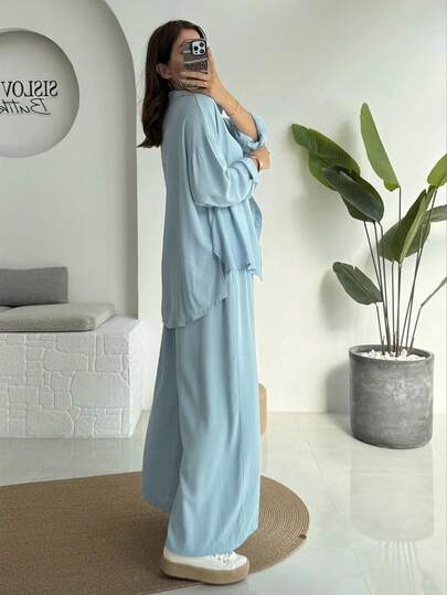 Casual Shirt Set For Autumn, Lapel Single-Breasted Side Slit Long Sleeve Shirt With Wide Leg Pants, Solid Color Front Button Two Pieces Set Spring
