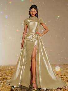 Smilprince Gold Shiny High Neck Evening Gown With Beaded Cape Shoulder, Satin Split Formal Dress For Gala, Prom, Wedding Guest, Pageant, Banquet, Bridesmaid,Luxurious Long Prom Dress For Women Formal Evening Gown - Gold - View 4