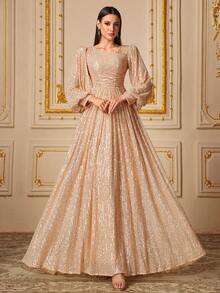 UNITHORSE Women's Deep V-Neck Long Sleeve Sequin Mermaid Hem Evening Party Dress - Champagne - View 1