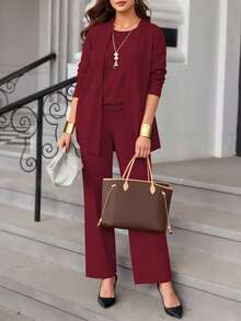 3pcs Plus Size Women Casual Solid Color Outfit Set: Jacket/Cardigan + Round Neck Sleeveless Top + Elastic Waist Straight Leg Pants, Soft Stretchy Fabric, Loose Fit, Comfortable For Commuting, Spring/Autumn/Winter Elegant - Burgundy - View 3