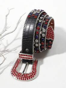 1 pieza Cinturón de mujer de estilo Punk Y2K con hebilla de cristal rhinestone ajustable, con efecto de piel de cocodrilo en PU, adecuado para la calle, salidas, viajes y vacaciones