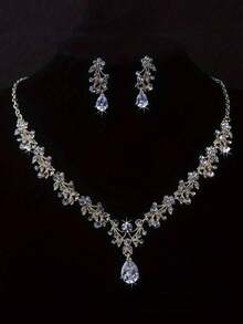 3Pcs/Set Fashion Luxury Bridal Rhinestone Necklace Earrings Set Decoration , Elegant Style Full Diamond V-Neck Teardrop Pendant Set , Ladies Engagement Wedding Jewellery Gift - 套裝 - 查看 1