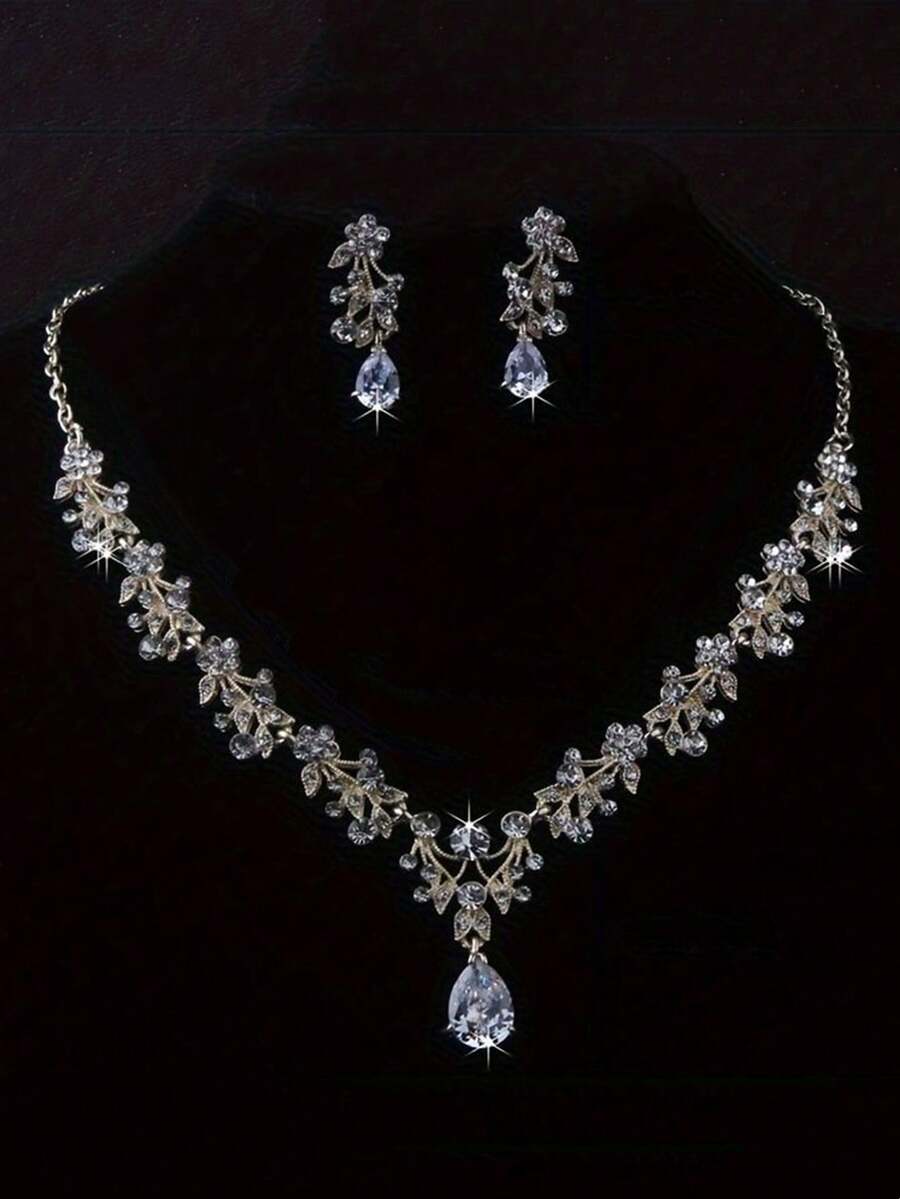 3Pcs/Set Fashion Luxury Bridal Rhinestone Necklace Earrings Set Decoration , Elegant Style Full Diamond V-Neck Teardrop Pendant Set , Ladies Engagement Wedding Jewellery Gift - 套裝 - 查看 1