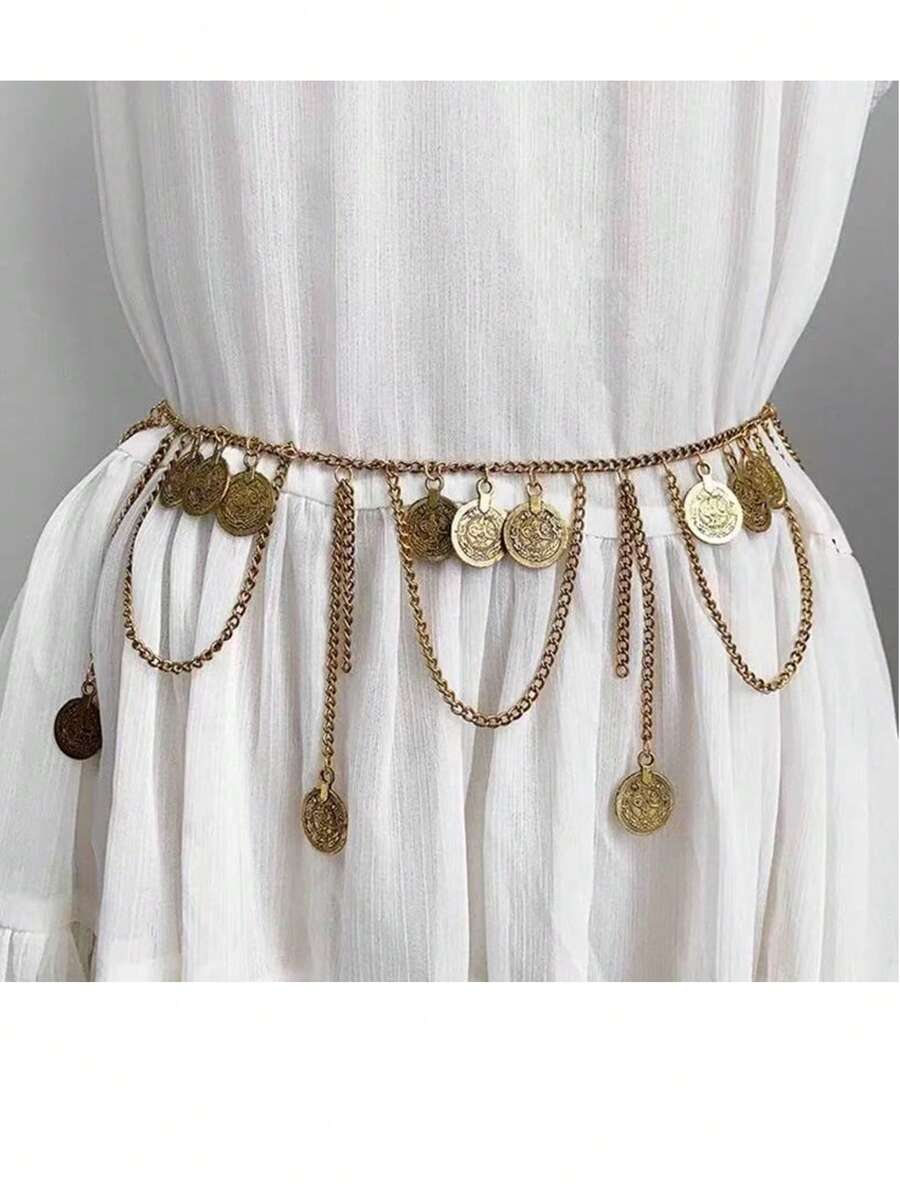 Corrente Moda Cinto Dourado Prata Estiloso Acessório Feminino Moda Influencer - 0309-21 Moeda Dourado - Visão 1