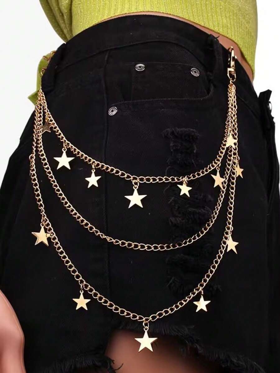 European And American Accessories Halloween, Punk Style, Metal Personality, Three-Layer Spider Web Pants Chain - Golden Three-layer Hanging Five Stars - View 1