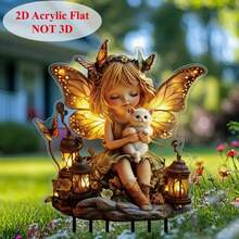 1pc/2pcs Acrylic Fairy & Kitty Garden With Lantern, Butterfly & Lighting Effect, Suitable For Outdoor Art, Yard Garden Display, Fairy Garden Decor, Creating Dreamy Atmosphere, 2D - Multicolor-ground Plug - View 3
