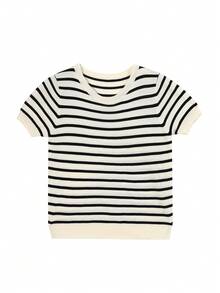 女士休闲条纹短袖针织上衣，夏季 - 杏色 - 查看 7