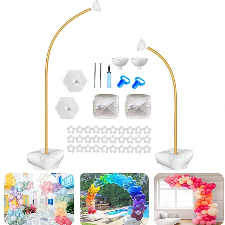 Dual-Size Balloon Arch Stand Kit - 2.5M & 1.5M Free-Bend Floor Columns In Gold For Weddings, Birthdays & Parties - 金色 - 查看 1