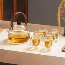 1 Set: 1 Teapot + 6 Cups With Tray, 1 Teapot + 4 Cups With Tray, Heat-Resistant Glass Teapot, Modern Minimalist Walnut Color Flower Tea Pot, Tea Kettle, Tea Pot Set, Suitable For Parties, Gatherings, All Seasons