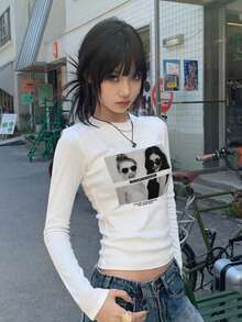 圆领长袖T恤American Hottie春秋新款人像图案印花女短款修身上衣 - 白色 - 查看 6