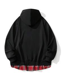 Felpa con cappuccio nera oversize, casual a quadri 2 in 1, adatta per primavera e autunno