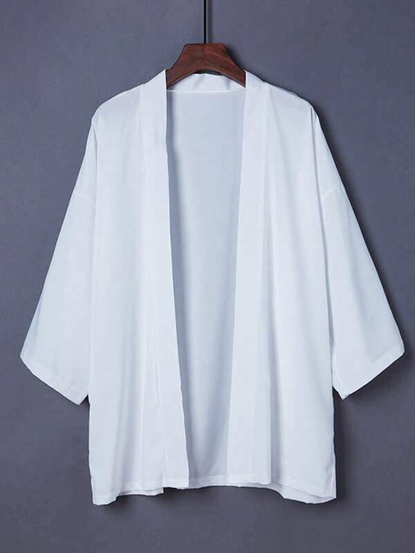 Retro Loose Solid Color Versatile Kimono Cover Up, Chinese Style Hanfu Inspired Anime Cosplay Outerwear, Beach Cover-Up, Sun Protection