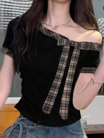 韩版格子蝴蝶结肩短袖T恤女夏季修身时尚上衣