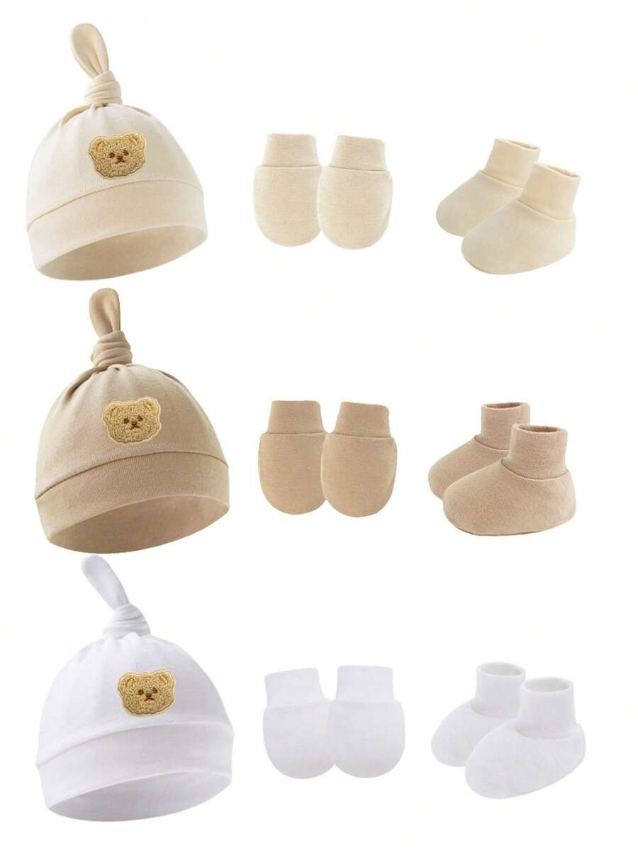 3pcs Baby Bear Ear Hat, Scratch Mittens & Booties Set, Suitable For 0-6 Months Infants - 3PCS Chirp - View 1
