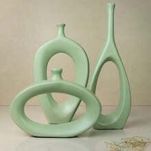 Trio Of Stylized Vases - 3 Minimalist Ceramic Decorative Vases Decoration For Bedroom, Living Room, Rack, Office, Sideboard - 綠色 - 查看 1