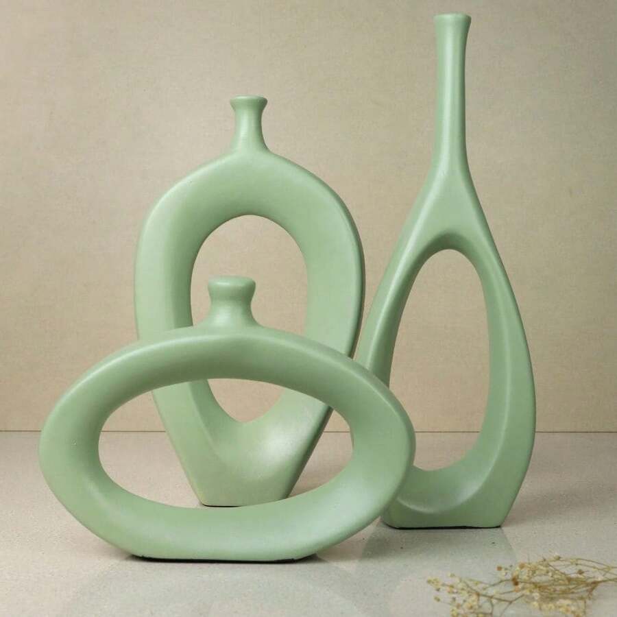 Trio Of Stylized Vases - 3 Minimalist Ceramic Decorative Vases Decoration For Bedroom, Living Room, Rack, Office, Sideboard - 綠色 - 查看 1