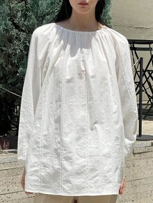 优雅圆领白色宽松长袖女式上衣，飘逸廓形，主教袖，休闲宽松衬衫，全新街头通勤风格，秋季必备 - 白色 - 查看 5