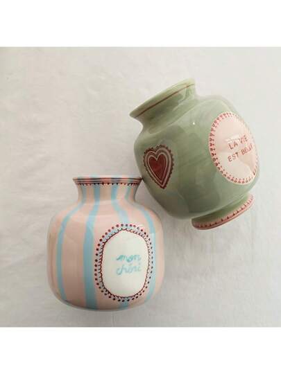 1pc painted Asymmetrical Ceramic Flower Vase, Roze Groen Heart Pattern Home Accessory Room Glass Vase view 2