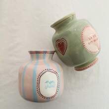 1pc Handpainted Asymmetrical Ceramic Flower Vase, Pink & Green Heart Pattern Vase, Home Decor Accessory Room Decor Glass Vase - Multicolor - View 3