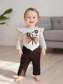 Toddler Girl Fall Outfits Crochet Flower Long Sleeve Round Neck Pullover + Elastic Waist Ribbed Flare Pants 2 Pcs Set