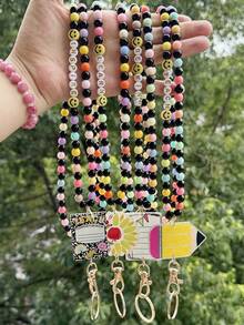 1pc Retractable Lanyards For Id Badges Teacher Lanyard With ID Holder Acrylic And Wooden Beaded Lanyard For Keychain Personalized Gift For Women Car Accessories Bag Charm School Bag Charms Car Accessories Friend Sister Gift Ideas - Multicolor - View 3