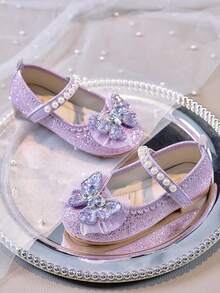 1 双女童软底皮革玛丽珍鞋，闪亮蝴蝶结和水钻装饰，适合 3-12 岁公主 - 紫色 - 查看 2