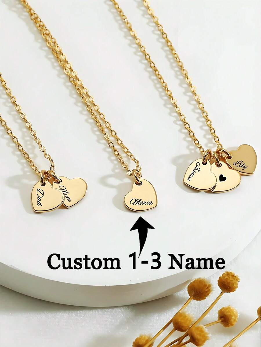 1-3 Names Heart Pendant Necklace - Customized Cyrillic Engraved Jewelry, 18K Gold Plated 316L Stainless Steel, Unisex, Personalized Couples/Family Gift, Valentine's Day & Mother's Day Gift, Free Engraving - Gold - View 1