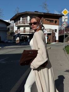 杏色罗纹长袖针织开衫，时尚简约，温柔优雅，休闲百搭，宽松舒适，适合日常通勤，女士毛衣外套，秋冬季及万圣节时尚单品 - 杏色 - 查看 3