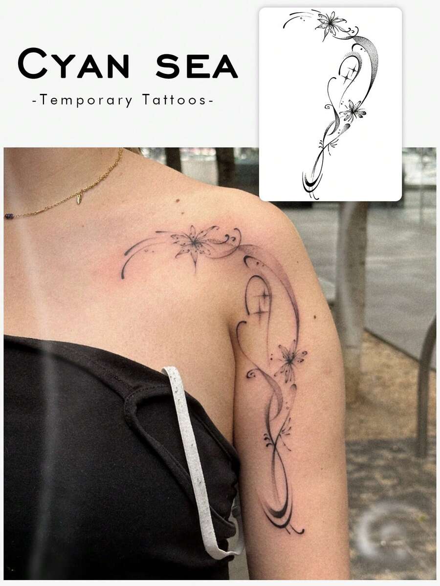 1 件花藤临时纹身贴纸，防水、防汗、逼真纹身图案，适合人们日常使用 - 黑色 - 查看 1