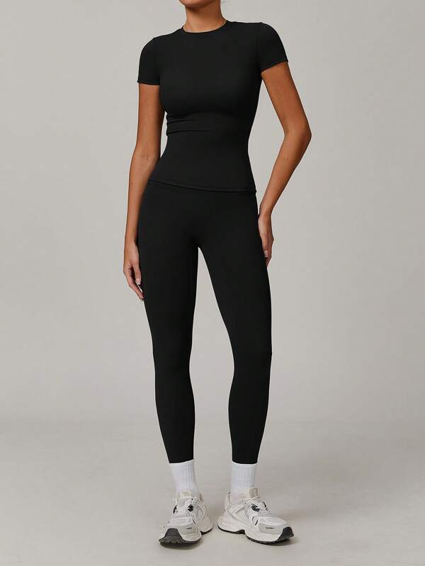 Dames tweedelig herfst casual effen kleur korte mouwen ronde hals shirt en strakke broek yoga hardlopen fitness trainingspak