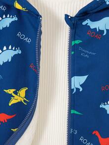 男童休闲恐龙印花拉链连帽羊毛夹克，适合秋冬季外出