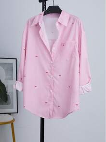 Women's Striped Bow Pattern Casual Everyday Long Sleeve Shirt