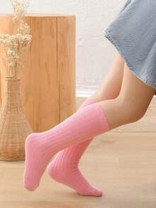 1 Pair Children's Colorful Mid-Calf Socks, Solid Color Vertical Striped Girls' Knee-High Socks, Fashion Versatile Candy Color Crew Socks, Suitable For 3-8 Years Old Boys And Girls - Multicolor - View 14